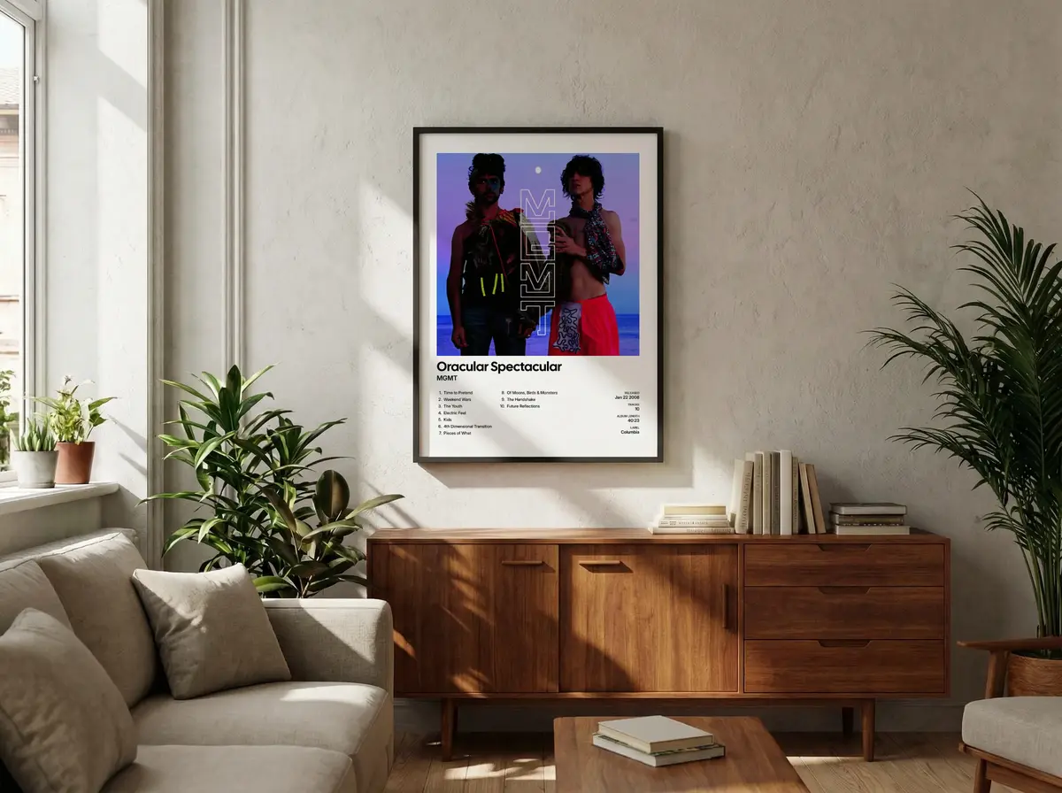 Album poster displayed in a cozy living room