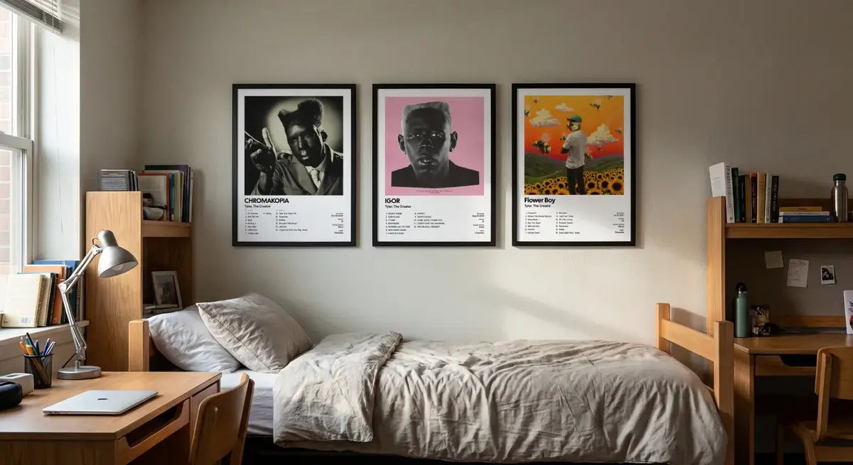 Three album posters hanging above a dorm bed