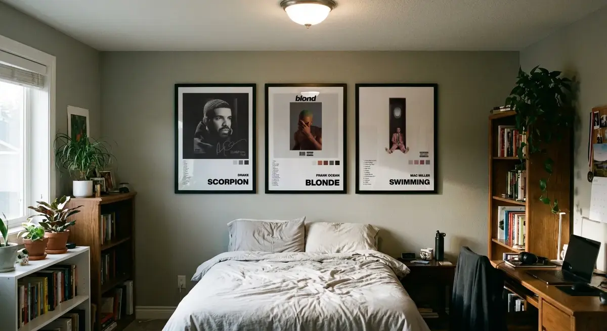 Three album posters hanging above a bedroom bed