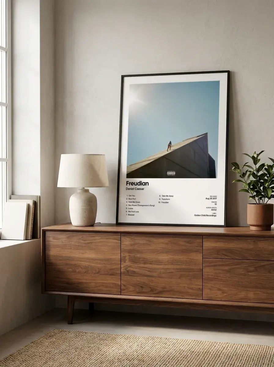 Album poster leaning on a credenza